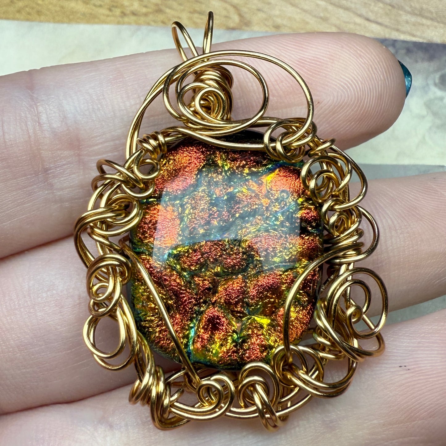 in the waiting woods - orange dichroic glass pendant