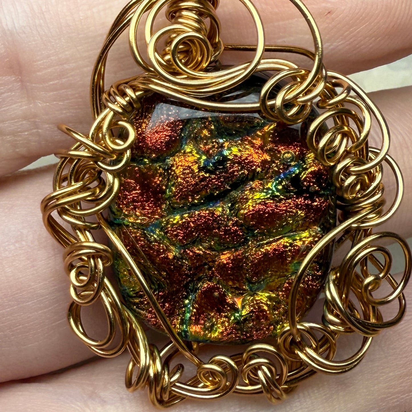 in the waiting woods - orange dichroic glass pendant