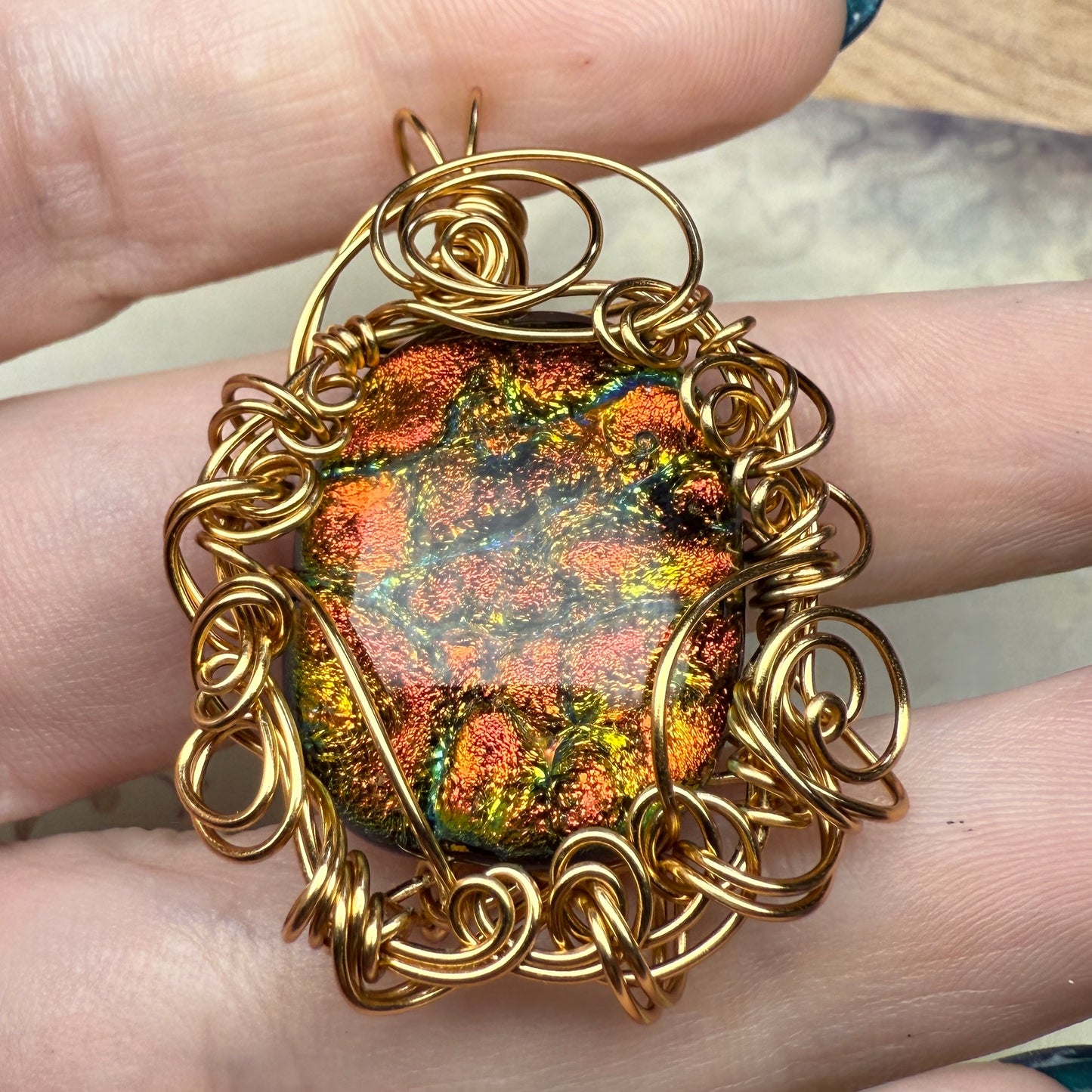 in the waiting woods - orange dichroic glass pendant