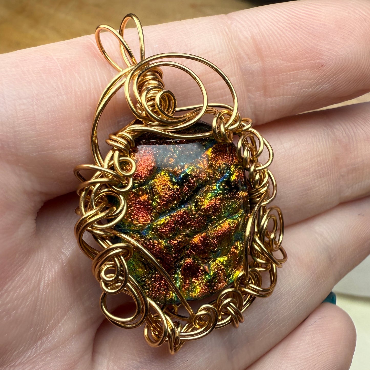 in the waiting woods - orange dichroic glass pendant
