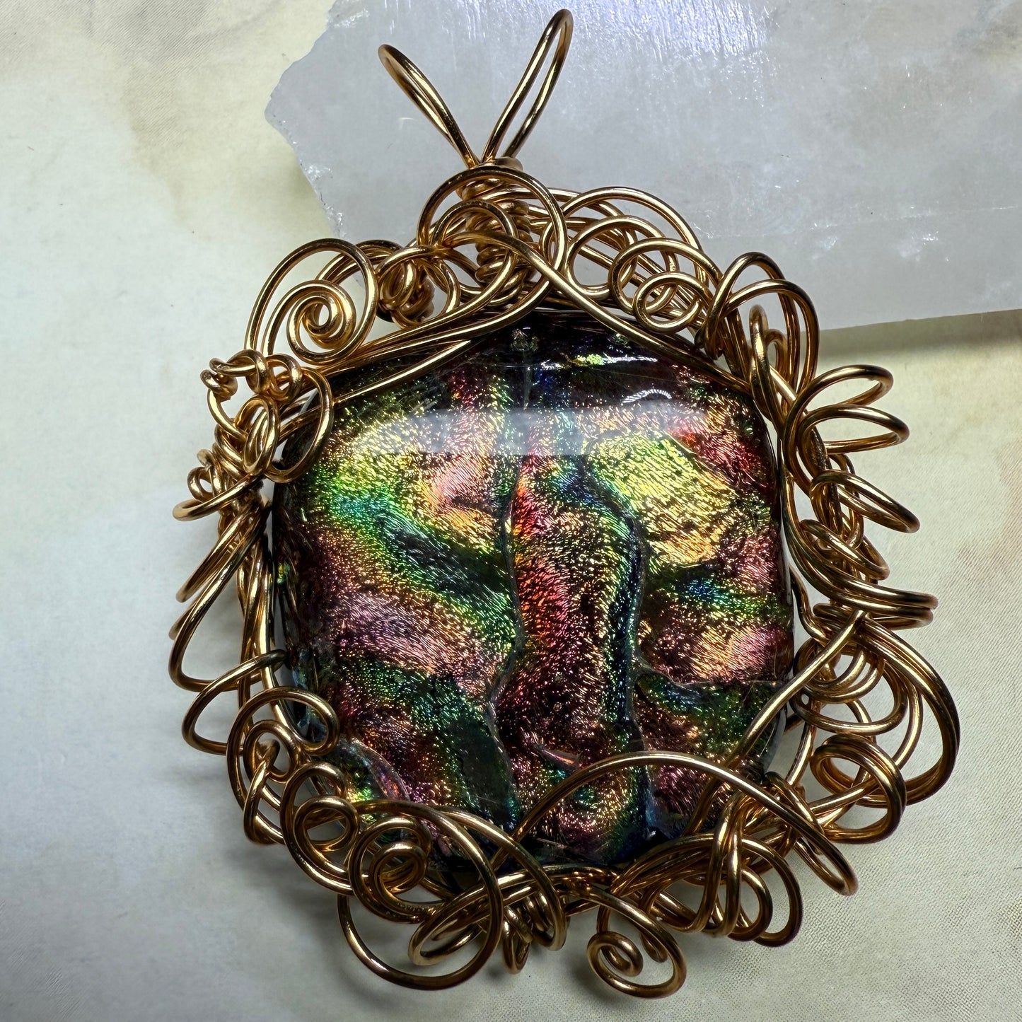 in the waiting woods - red & green dichroic glass pendant
