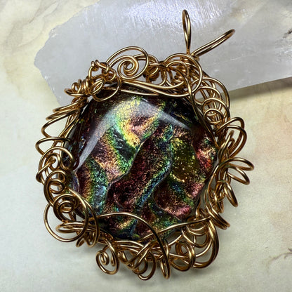 in the waiting woods - red & green dichroic glass pendant