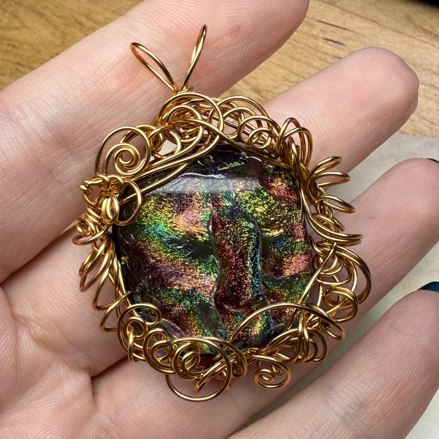 in the waiting woods - red & green dichroic glass pendant