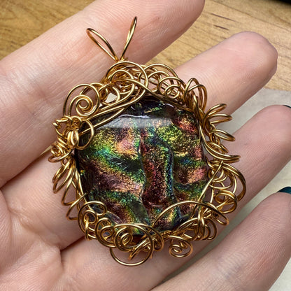 in the waiting woods - red & green dichroic glass pendant