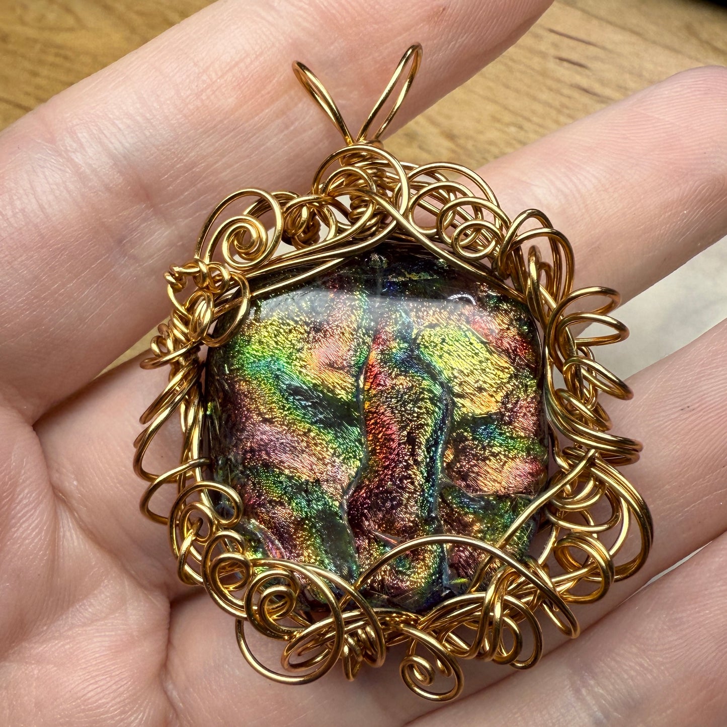 in the waiting woods - red & green dichroic glass pendant