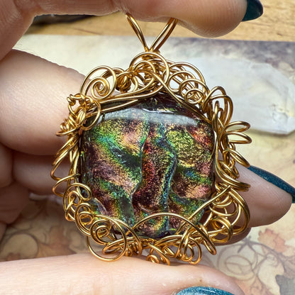 in the waiting woods - red & green dichroic glass pendant