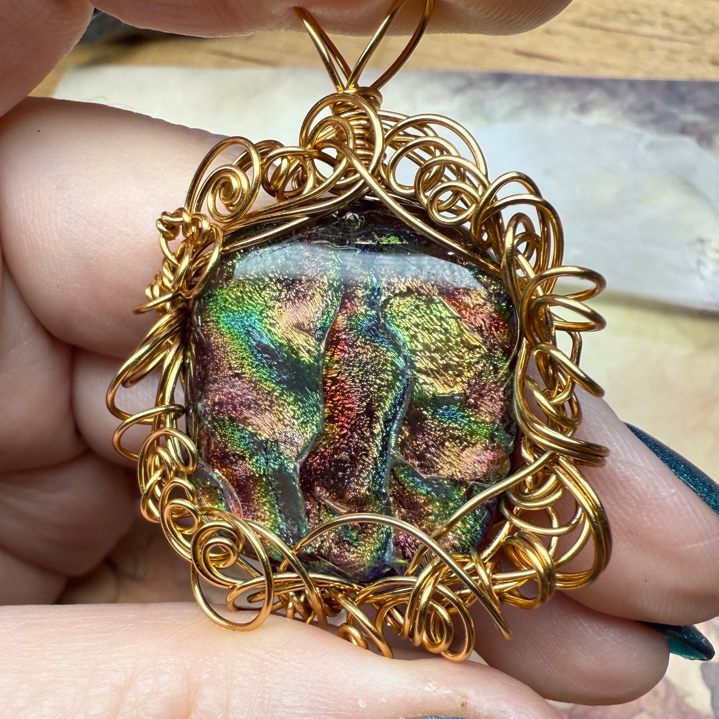 in the waiting woods - red & green dichroic glass pendant