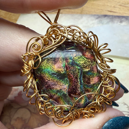 in the waiting woods - red & green dichroic glass pendant
