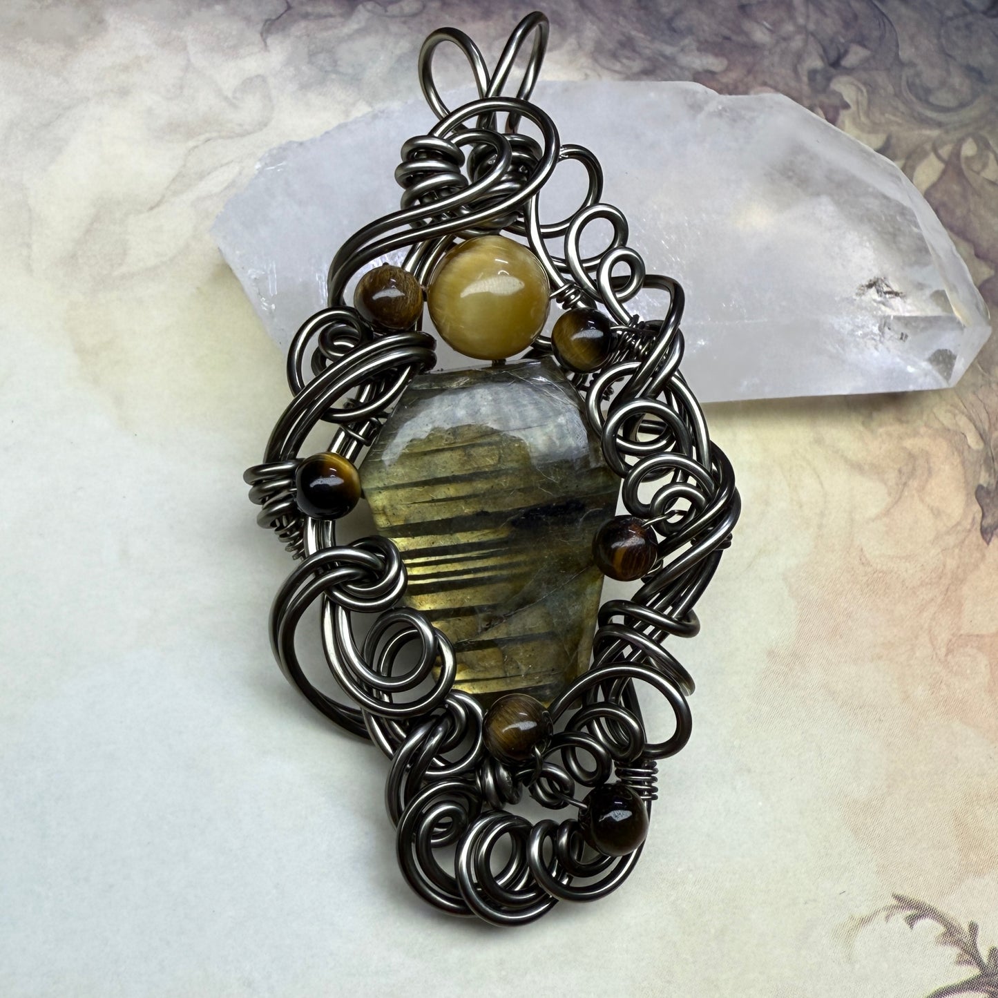 in the waiting woods - labradorite & tigerseye pendant