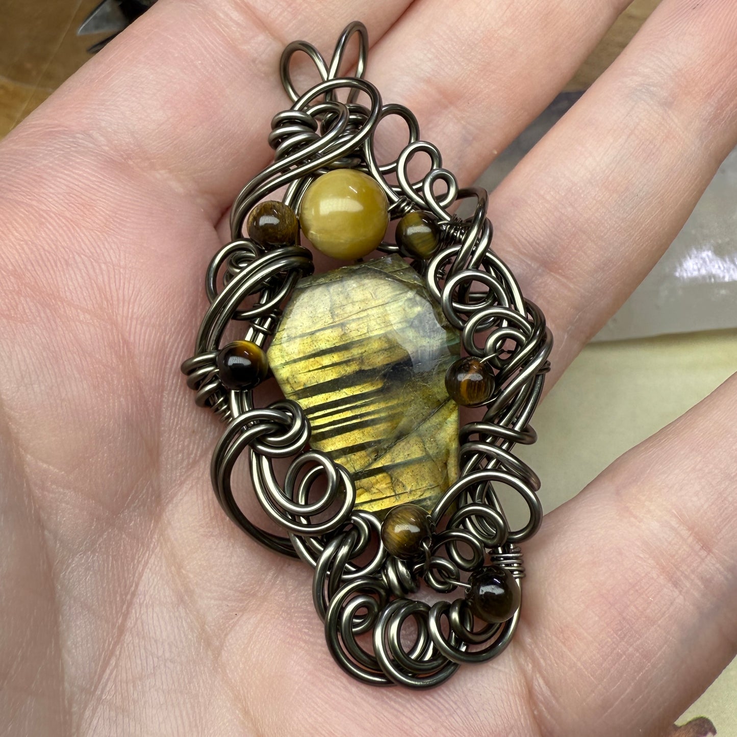 in the waiting woods - labradorite & tigerseye pendant