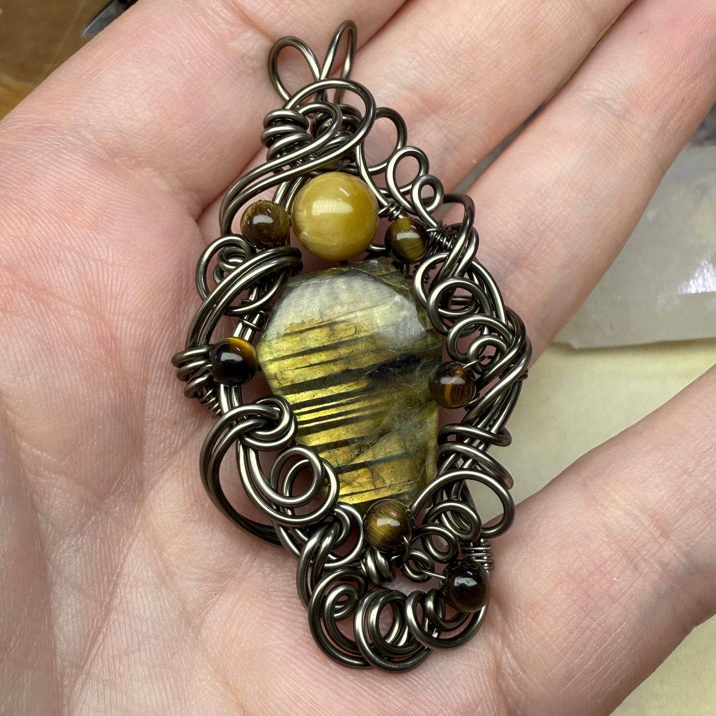 in the waiting woods - labradorite & tigerseye pendant
