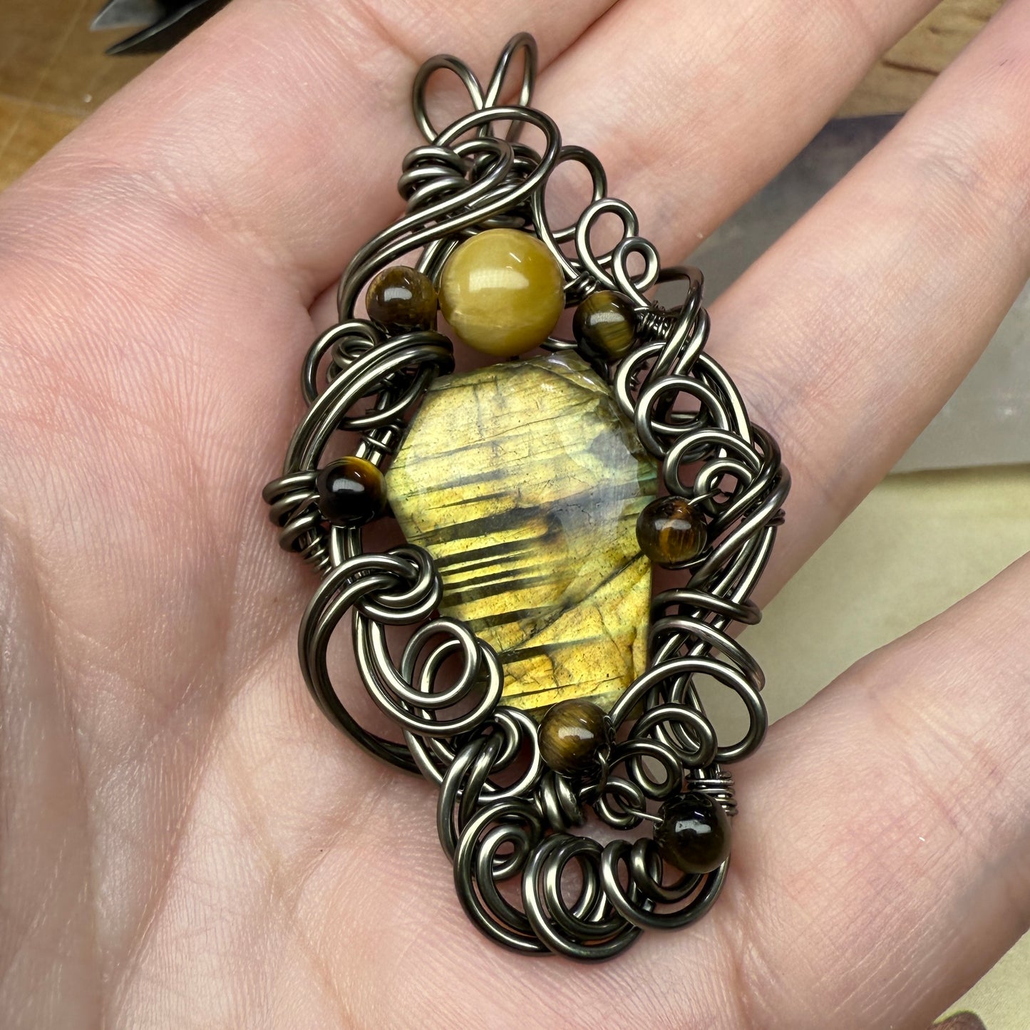 in the waiting woods - labradorite & tigerseye pendant