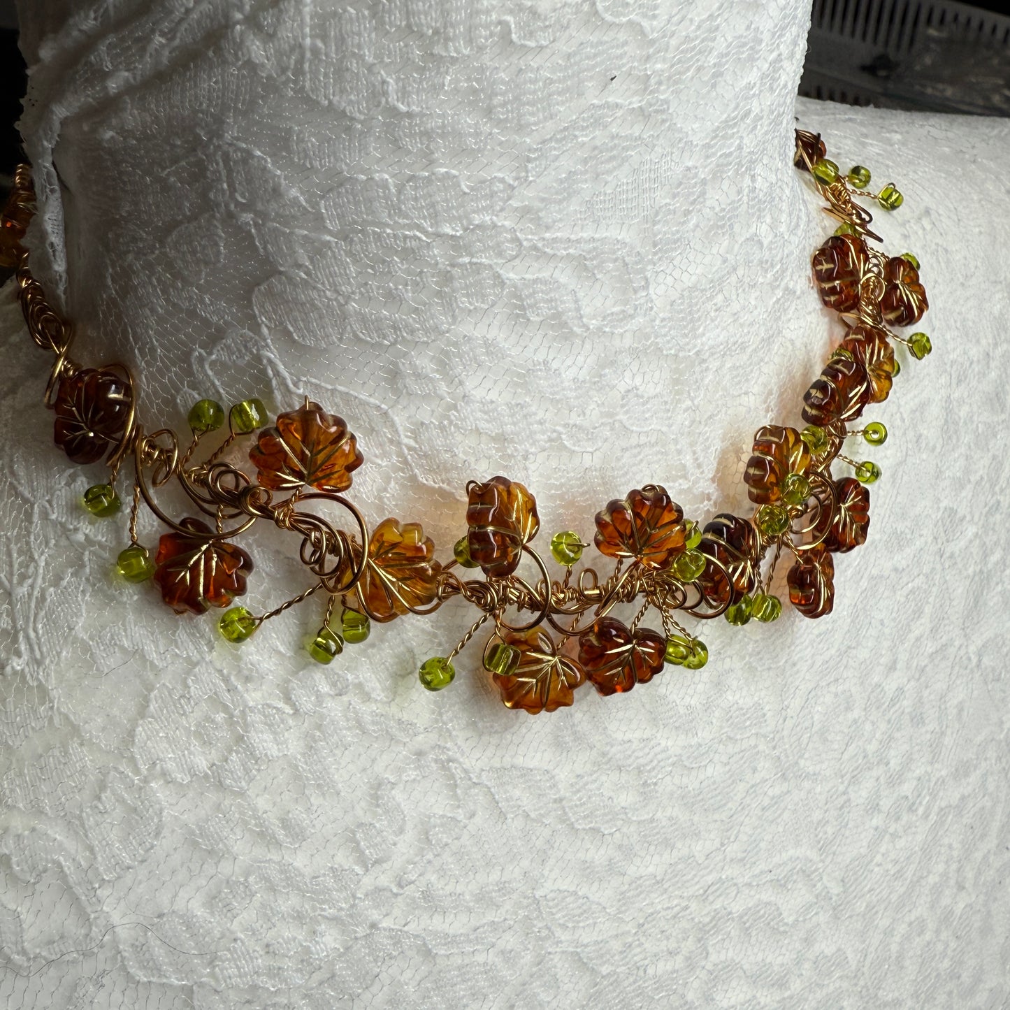 in the waiting woods -  brown & green leaf necklace