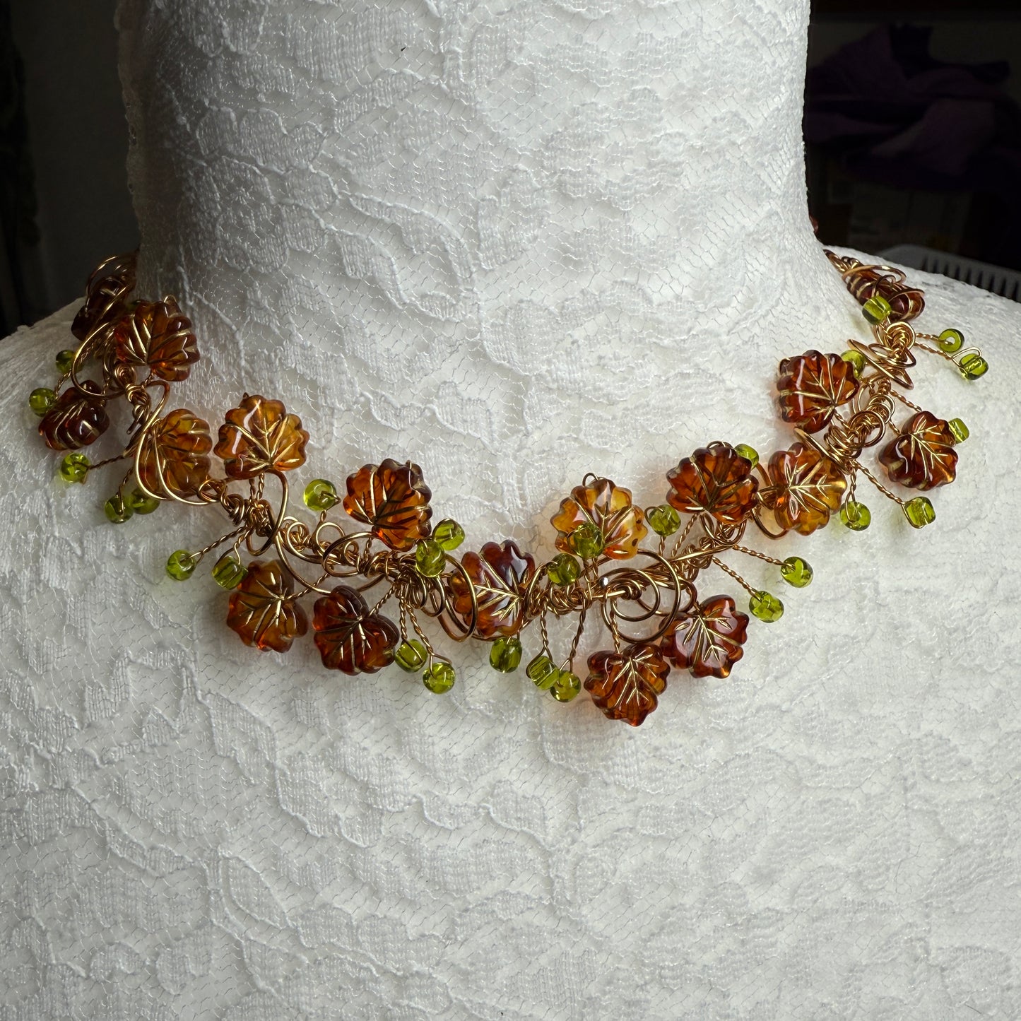 in the waiting woods -  brown & green leaf necklace