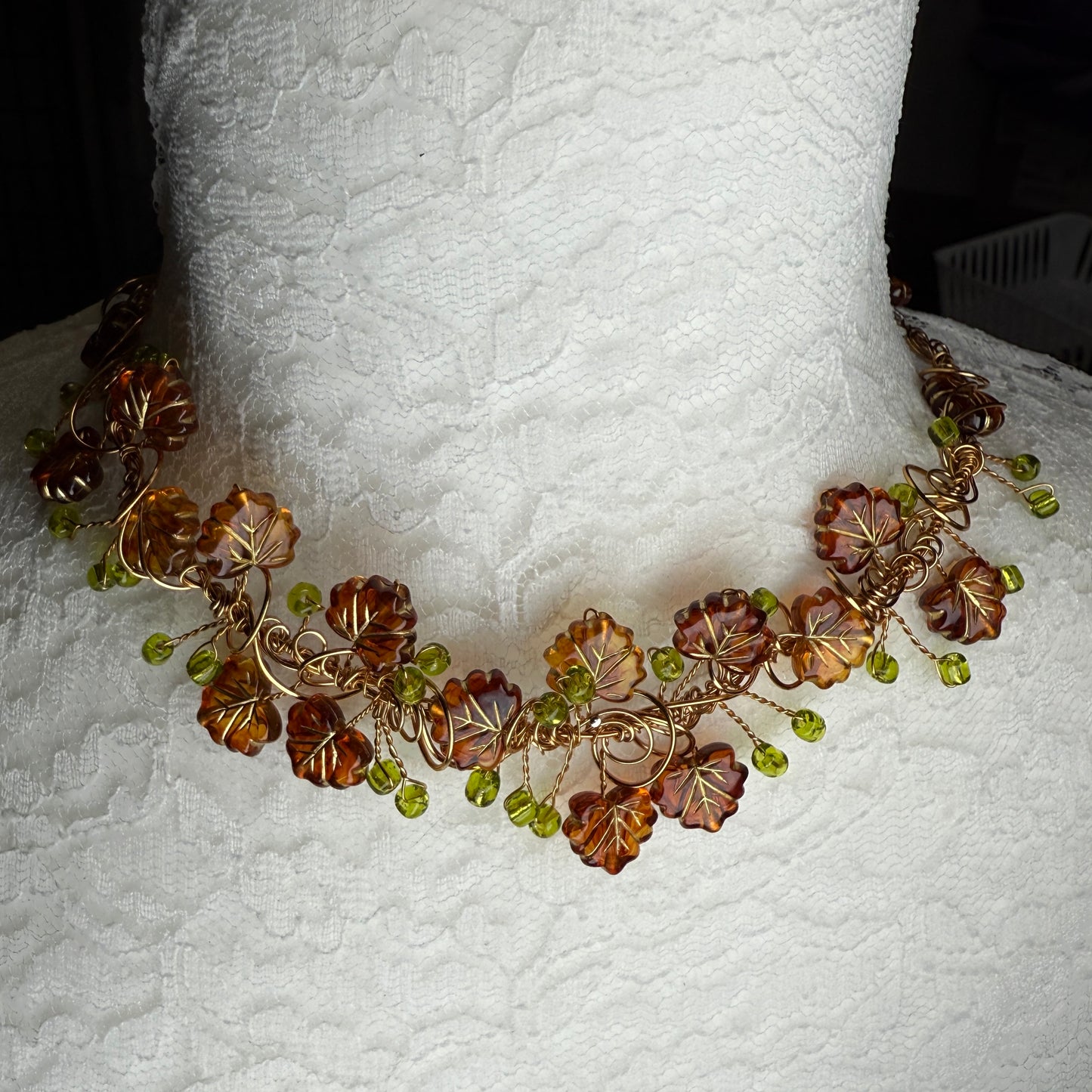 in the waiting woods -  brown & green leaf necklace