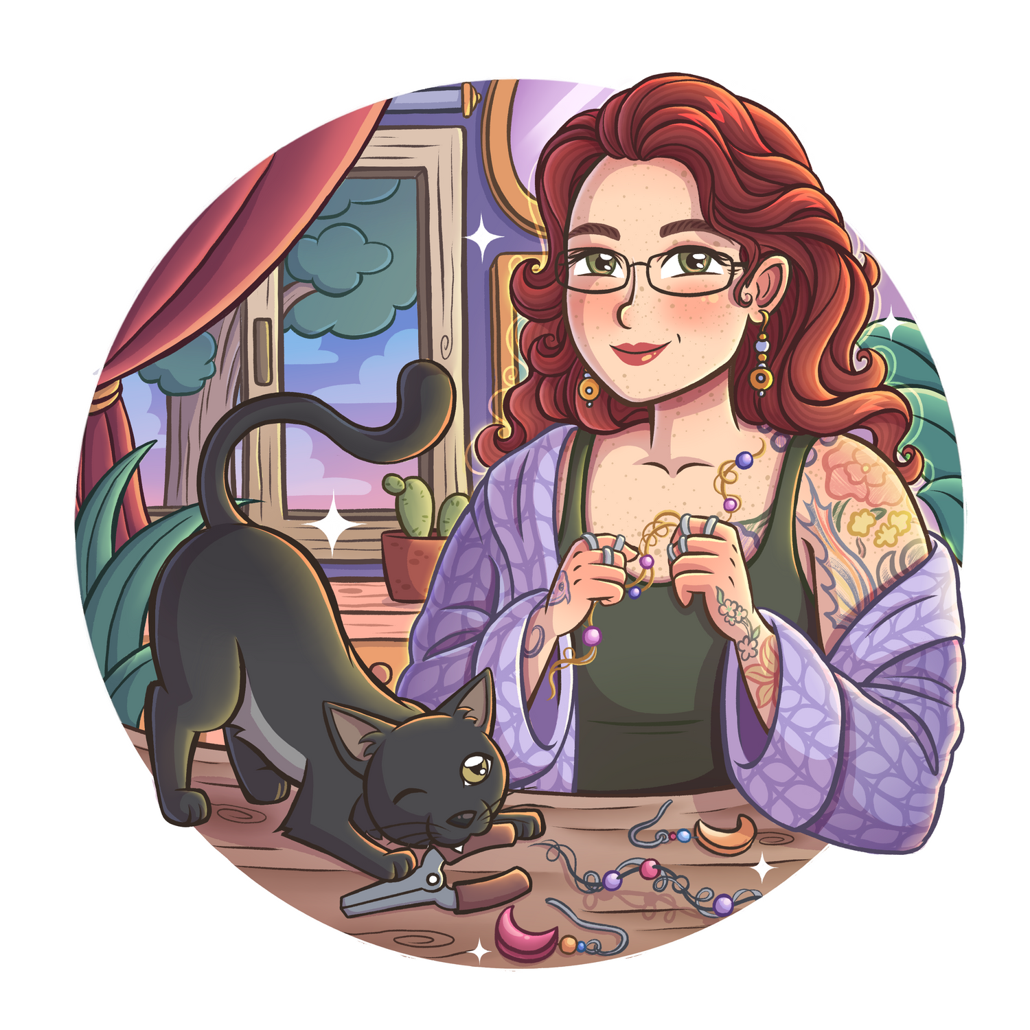 A circular drawing of a pale skinned woman with curly red hair, making jewelry out of wire. A black cat is on the table in front of her, playfully biting a pair of pliers. There are plants in the background.