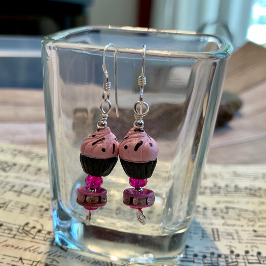 Tiny Evil Genius Earrings: pink and brown cupcakes