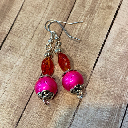 Tiny Evil Genius Earrings: pink and orange, very bright