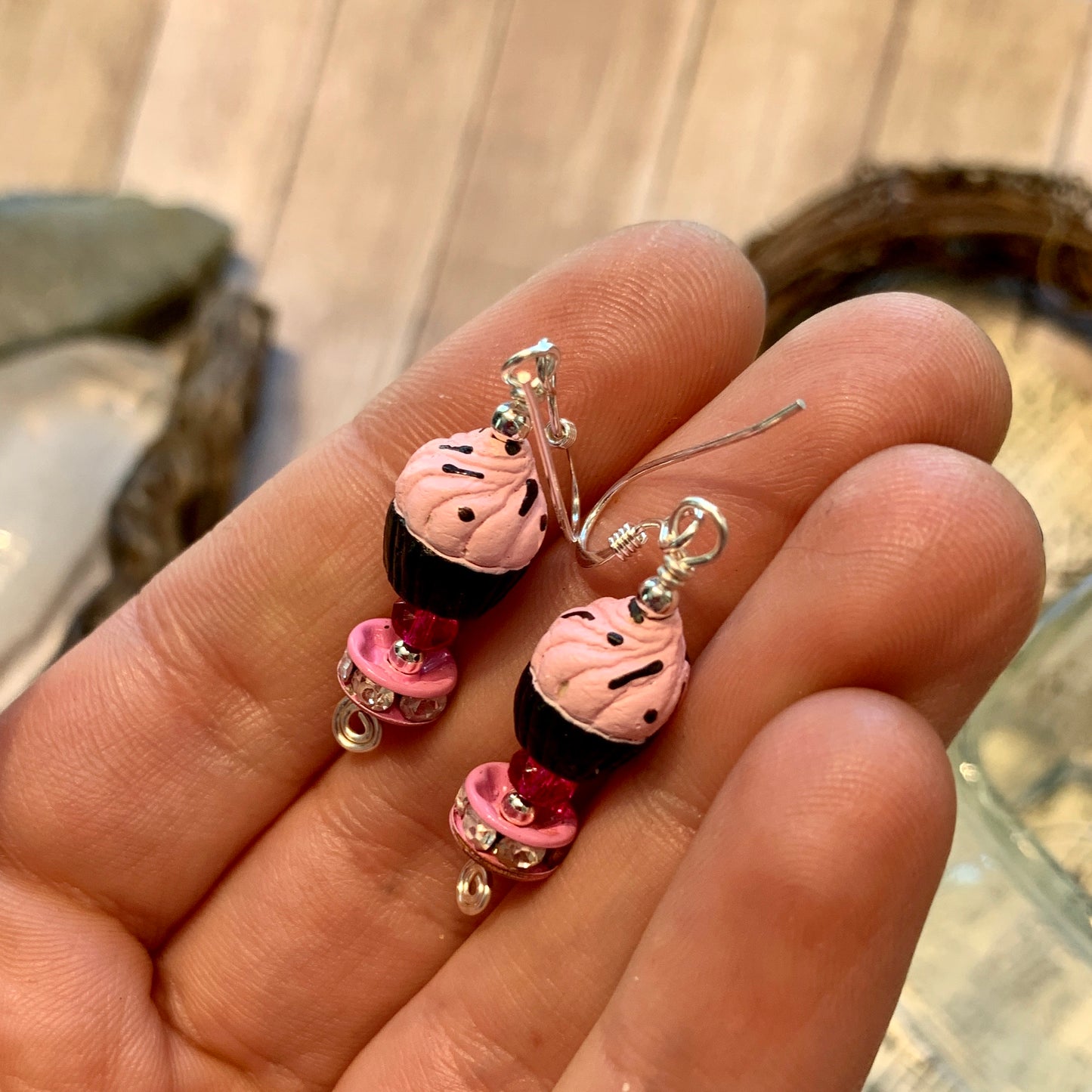 Tiny Evil Genius Earrings: pink and brown cupcakes