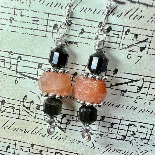 Tiny Evil Genius Earrings: sunstone and obsidian