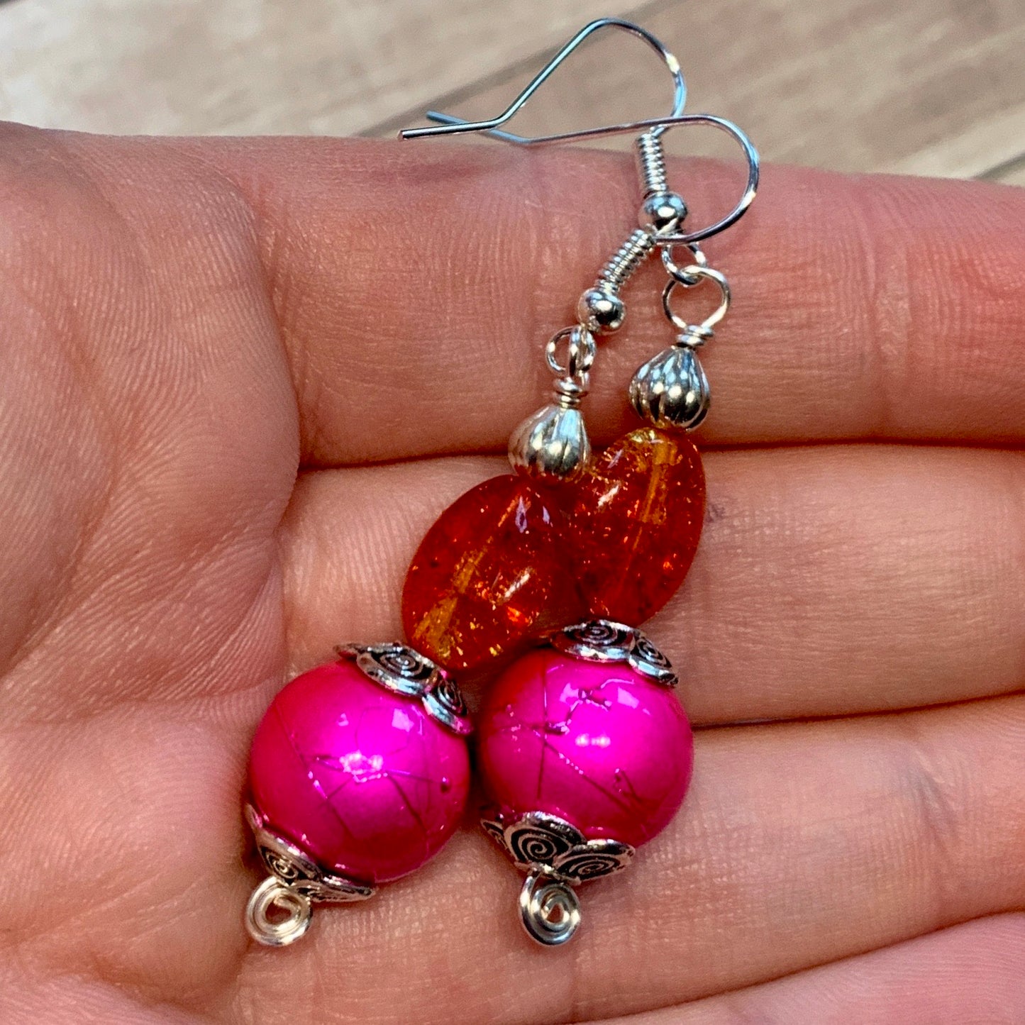 Tiny Evil Genius Earrings: pink and orange, very bright