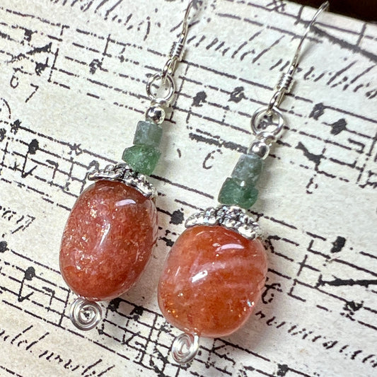 Tiny Evil Genius Earrings: Sunstone & Roman glass