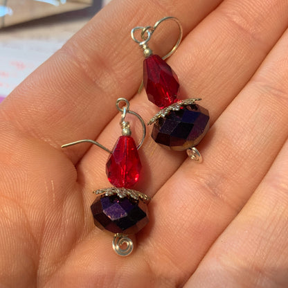 Tiny Evil Genius Earrings: purple with two shades of red