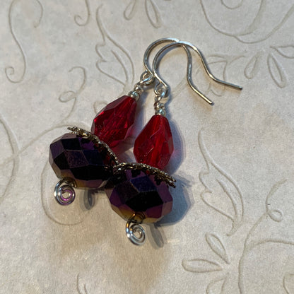 Tiny Evil Genius Earrings: purple with two shades of red