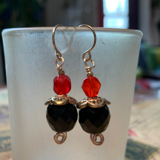 Tiny Evil Genius Earrings: black with two shades of orange