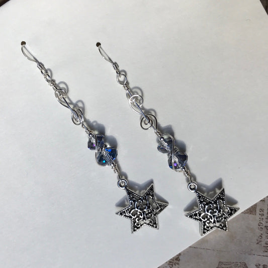Long Star of David earrings with vintage glass beads