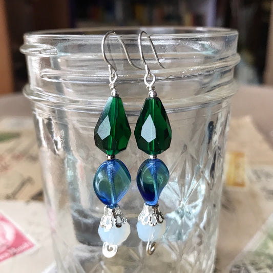 Tiny Evil Genius Earrings: green and blues