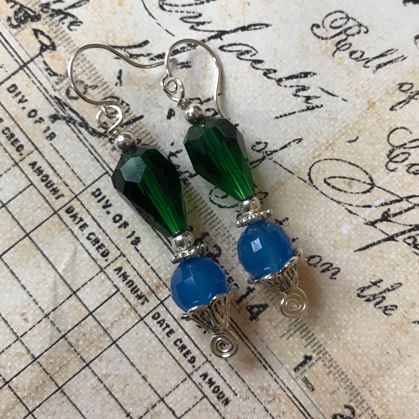 Tiny Evil Genius Earrings: green & blue 1